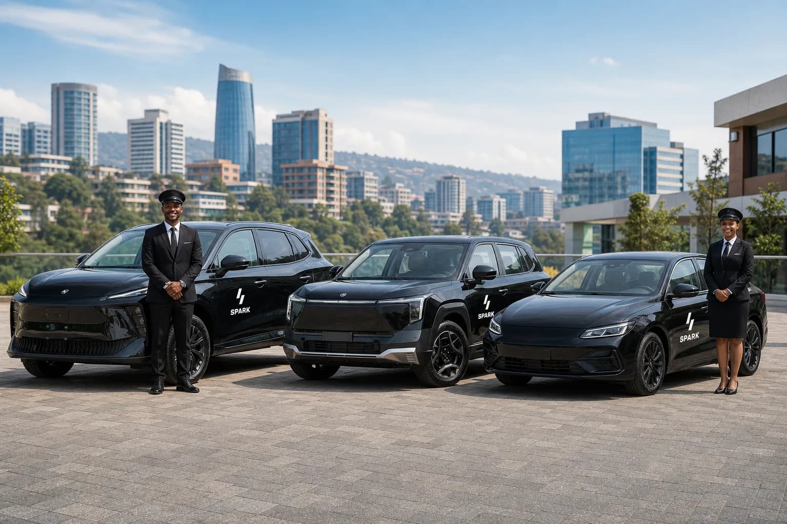 Spark professional chauffeurs with the electric fleet — crossover SUV, compact SUV and saloon — in Kigali
